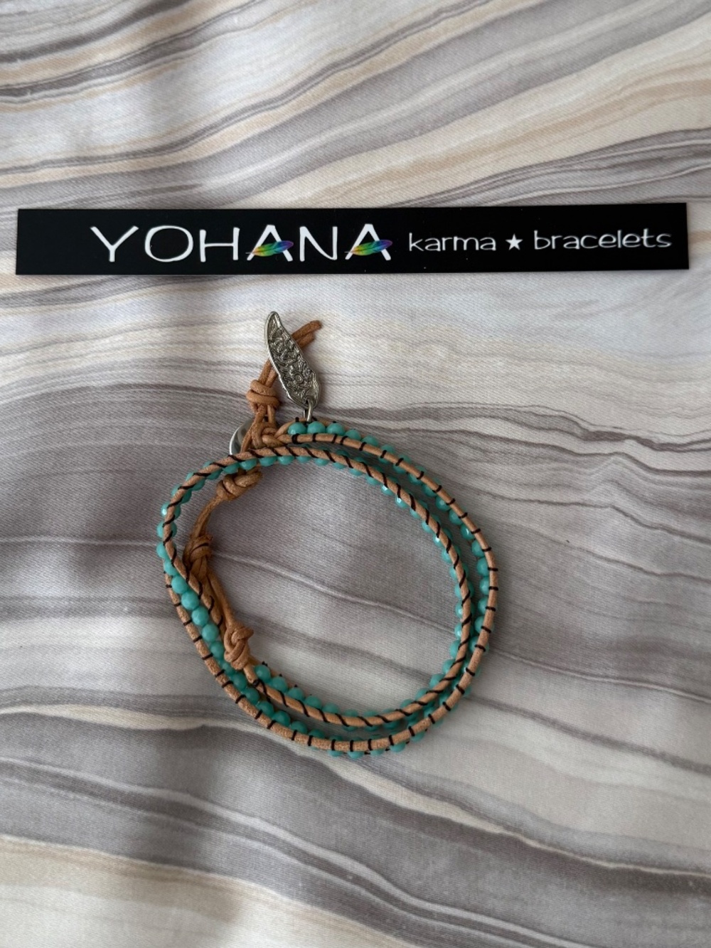 NEW! Yohana Karma Bracelet - Crystal Turquoise Blue Stones - Double Wrap Leather